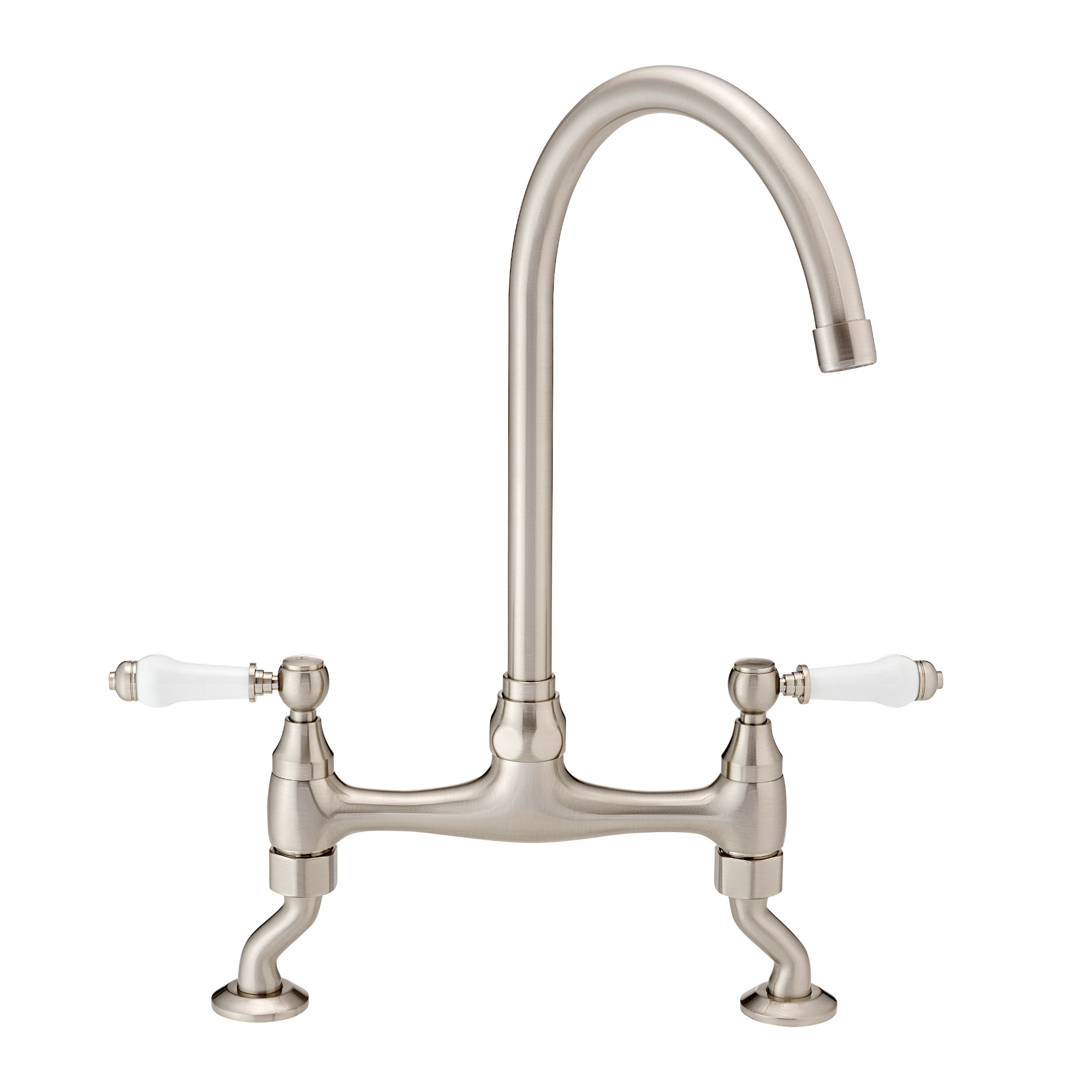 ENKI, Astbury, KT103, Deck Mounted Brushed Nickel, Kitchen Sink Mixer Tap, featuring a Swivel Swan Neck Spout and Quarter Turn Ceramic Levers, Solid Brass Construction, Traditional Design image